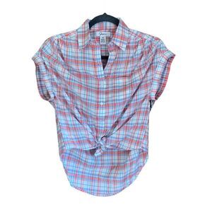 NWT Womens Top Tie Front XS Japna Blouse Short Sleeve Plaid Orange Blue Pocket